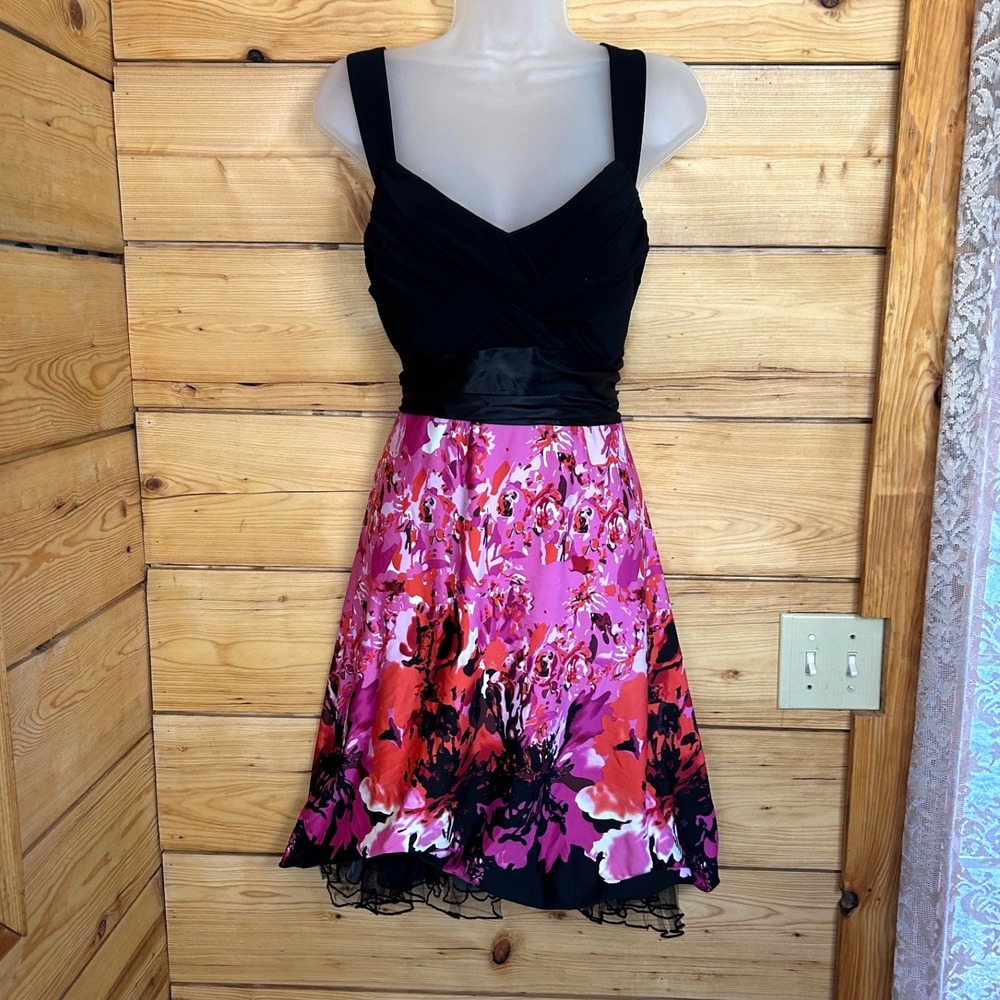 Jolie Vintage Y2K Floral Prom Dress Black Pink Ruched Tulle Grad Hoco Petite 14P